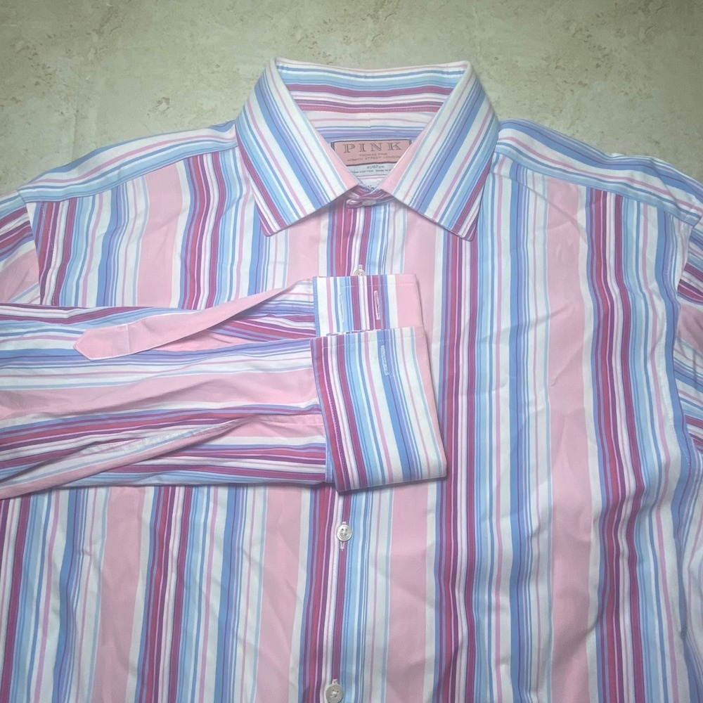 Thomas Pink Superfine Two Fold Pink Blue Stripe French‎ Cuff Dress Shirt Mens 16